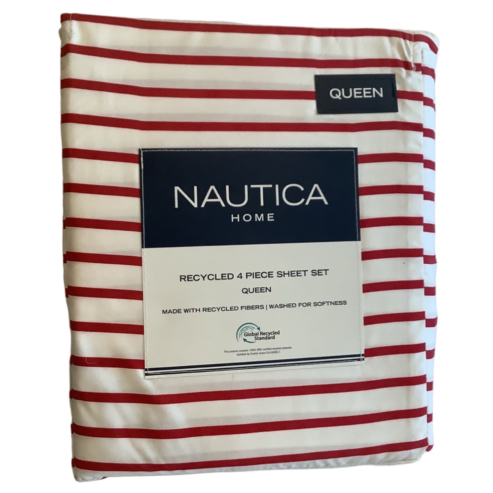 Nautica Home Red & White Handsome Stripe Print Queen Sheet Set New